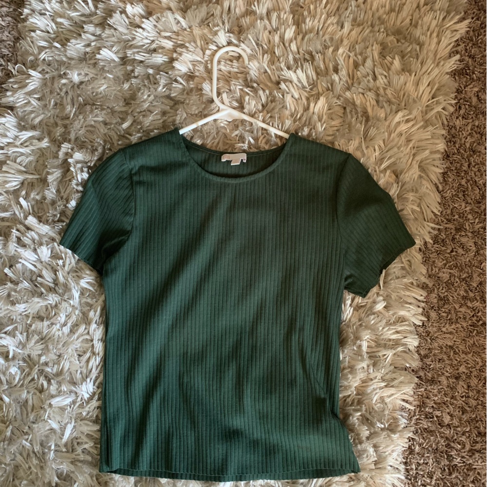 Gianni Bini Green Ribbed Fitted Short Sleeve T-Shirt